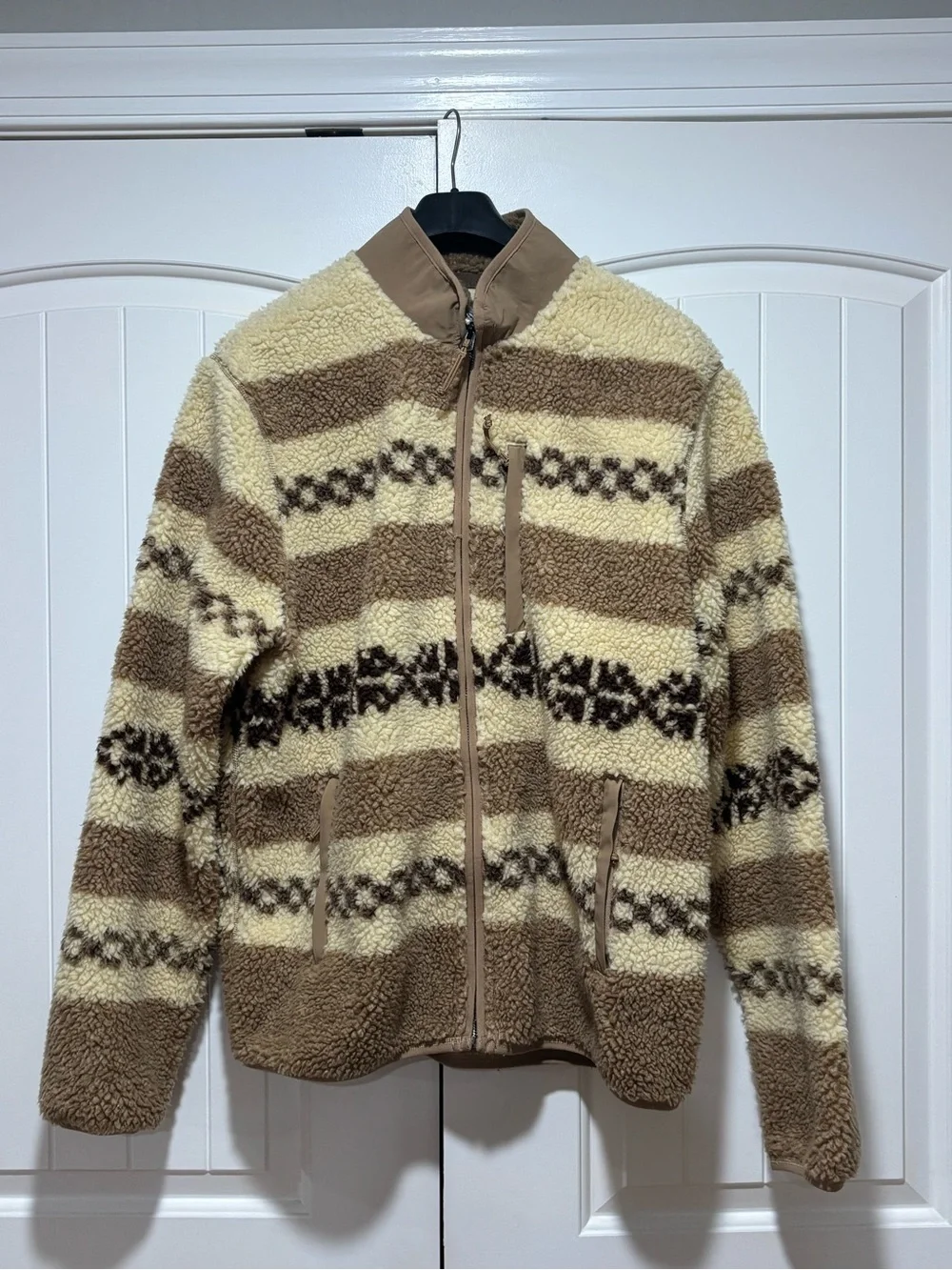J. Crew Men's Cream and Brown Striped Sherpa Zip-Up Jacket